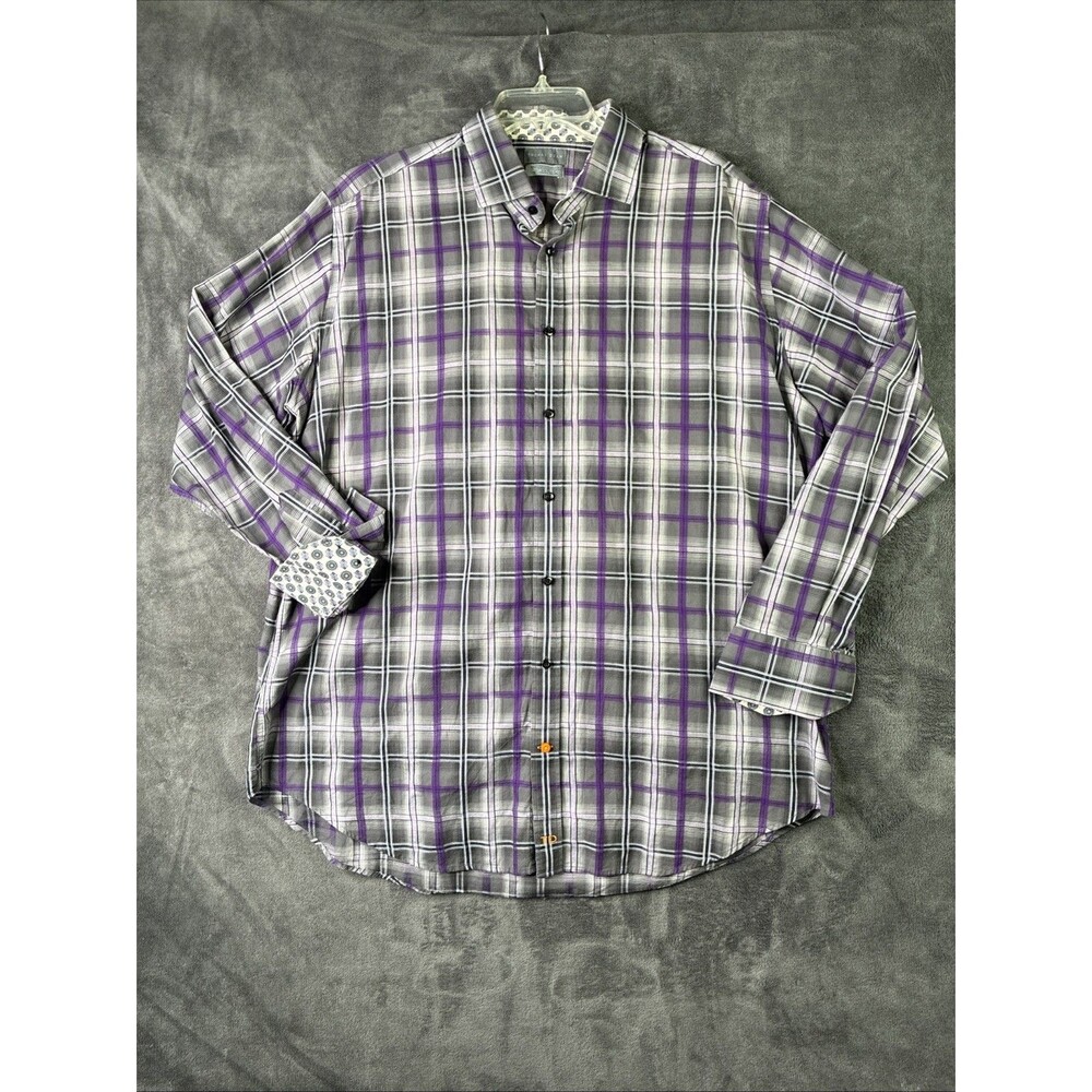 Thomas Dean Shirt Mens XXL Purple Gray Plaid Flip Cuff Long Sleeve Cotton